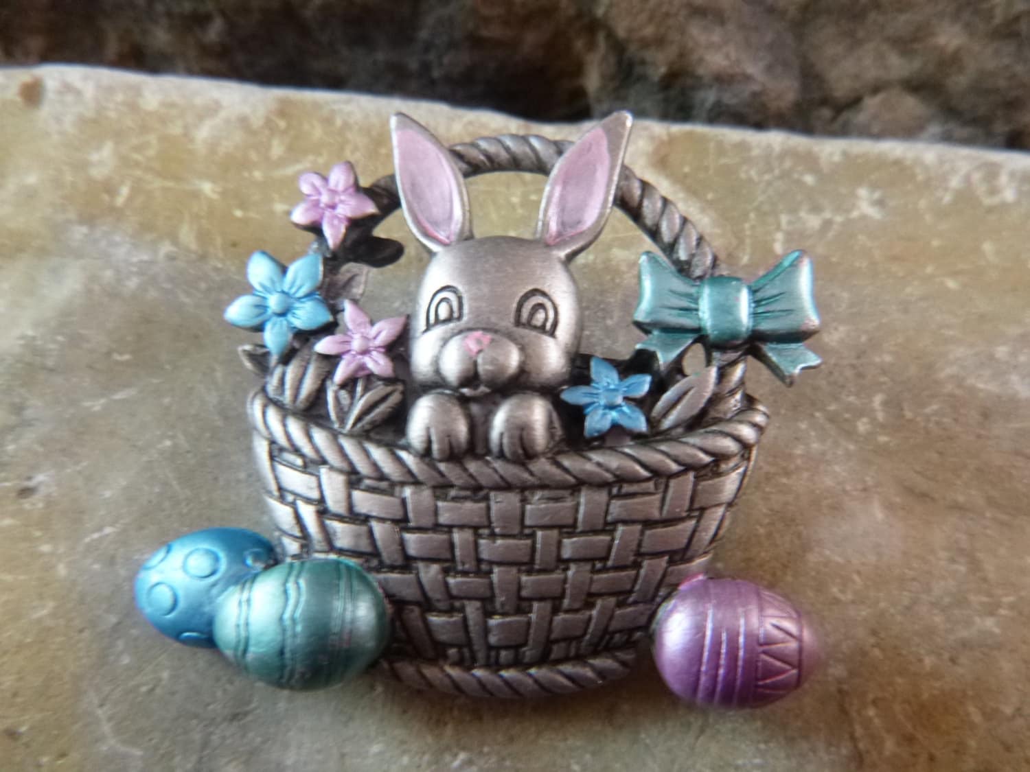 Easter Bunny in Basket with Easter Eggs Pewter and Enamel Signed JJ