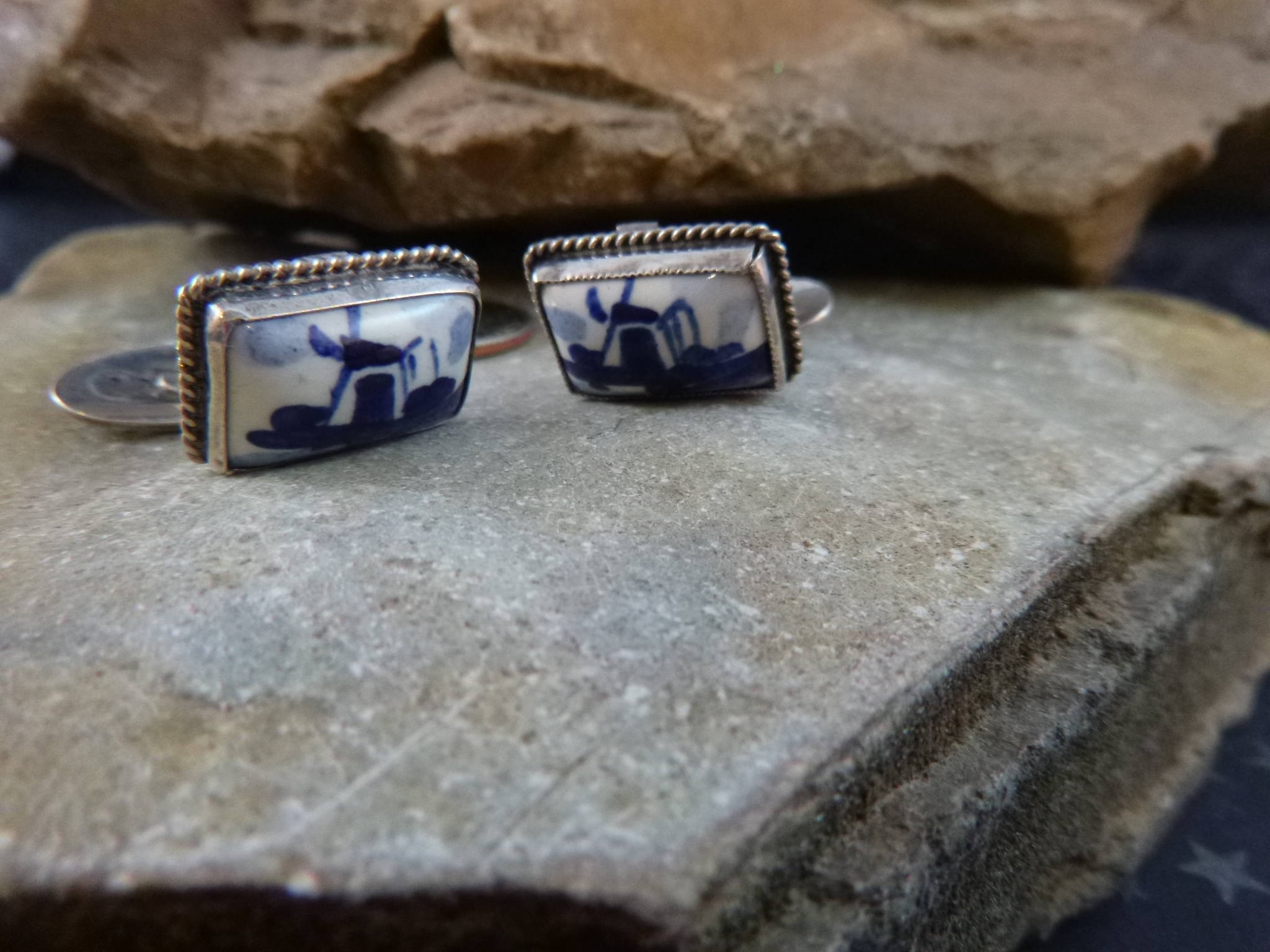 1920s Delft Windmill Cuff Links Blue and White Porcelain 835 Silver