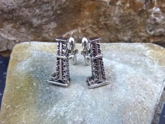 Swank Oil Derrick Rig Drilling Oil Well Vintage Cuff Links | Silver Tone | Oil Industry Themed Cufflinks