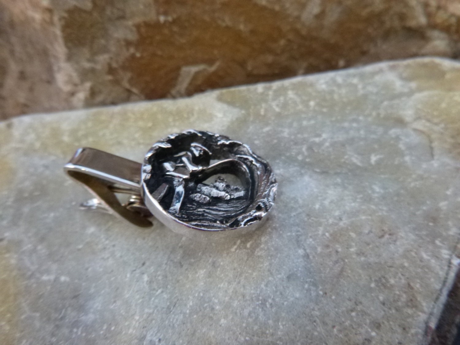 Fly Fishing Tie Clip Fly Fisherman Repousse Open Cut Tie Clasp