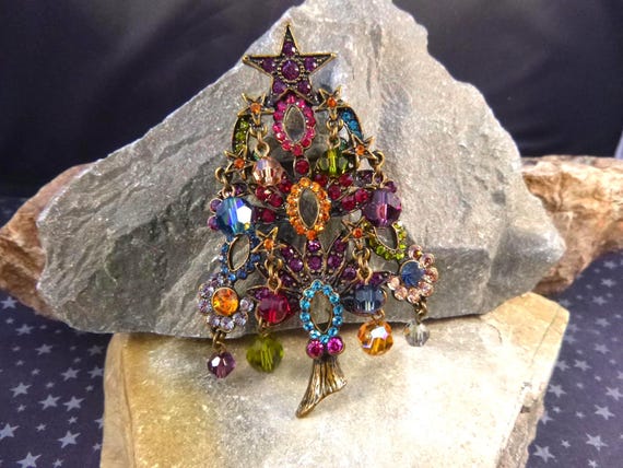 Vintage Kirks Folly Large Signed Christmas Tree Brooch | Multicolored Crystals and Rhinestones