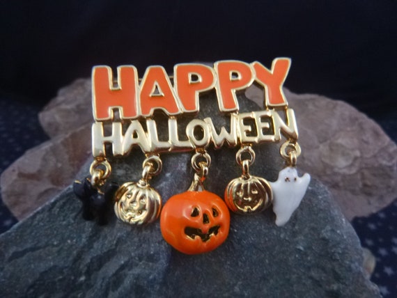 Happy Halloween Vintage Pin With Dangling Charms Ghost Jack O’Lantern Black Cat