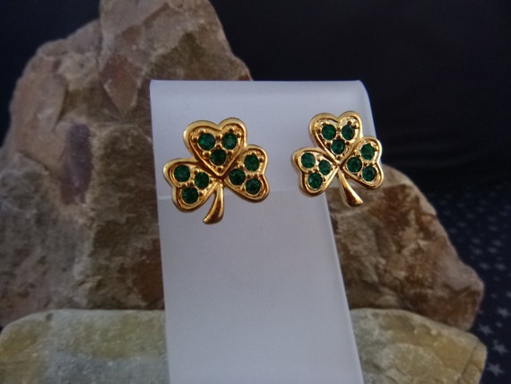 Irish "Lucky Shamrock" Vintage Pierced Earrings | Avon 1995 Green Rhinestone Earrings in Original Box | St. Patrick’s Day | Book Piece