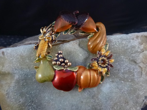Bountiful Harvest Fall Vintage Brooch | Thanksgiving Give Thanks Pin | Apple Corn, Acorns, Pumpkins and More