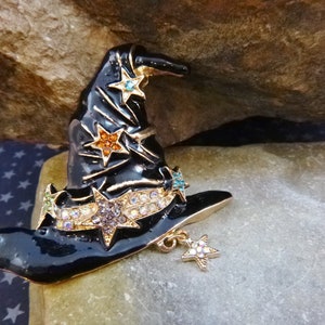 Black Witch Hat Vintage Brooch for the Witch Looking for her Halloween Hat Black Enamel with Rhinestone Star Highlights image 7