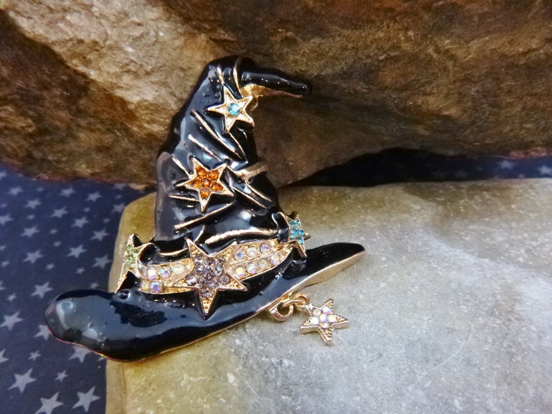 Black Witch Hat Vintage Brooch for the Witch Looking for her Halloween Hat Black Enamel with Rhinestone Star Highlights image 7