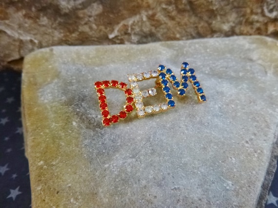 DEM Vintage Democratic New Old Stock Pin | Swarovski Red White and Blue Rhinestones | Made in the USA | Political Patriotic Pin