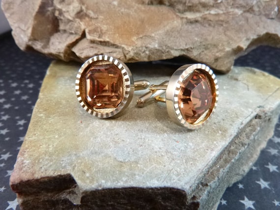 Mid Century Large Cuff Links / Cufflinks Faceted Amber Glass Book Piece circa l950s