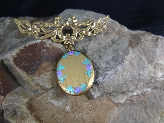 Art Nouveau Revival Vintage Locket Brooch | Old World Romantic and Floral Themed | Two Picture Locket Dangles from Decorative Ribbon Pin