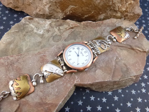 Unique Artisan Crafted Vintage Toggle Watch Bracelet Mixed Metal with Fish Bear Moose Fishing Lure for Fisherwoman or Outdoors Woman