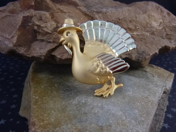 Thanksgiving Whimsical Turkey with Pilgrim Hat Vintage Gold Tone AJC Signed Holiday Pin