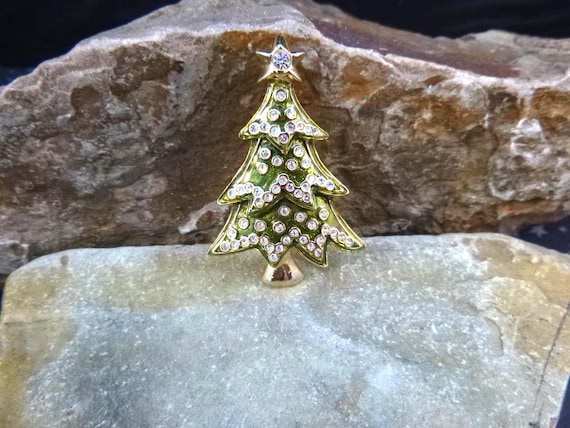 Small Monet Vintage Christmas Tree Pin | Green Enamel with Rhinestones | Timeless Classic Christmas Brooch
