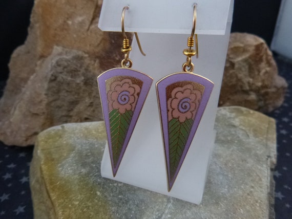 Laurel Burch Dangling “Magic Flowers” Vintage Earrings | Matted Gold Tone Cloisonne Enamel Floral Motif French Wire Earrings