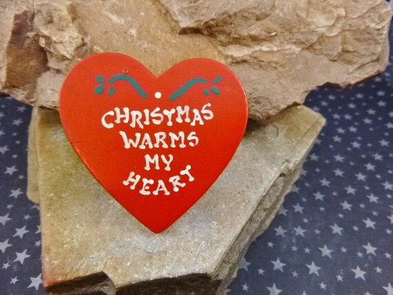 Christmas Warms My Heart Vintage Pin | Handcrafted Wood Heart Message  Brooch | Folk Art Style