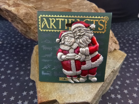 Mr. & Mrs. Santa Claus Vintage Brooch on Original Artifacts Card | Rare JJ Jonette Collectible Christmas Pin
