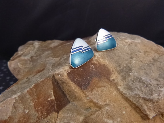 Laurel Burch Vintage Triangular Style Earrings | “Tomatlan” Teal Cloisonne Enamel Post Earrings for Pierced Ears