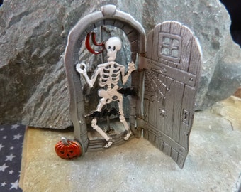 Skeleton Behind the Door Spooky Halloween Open-the-door Vintage Pin / Brooch With Bats, Black Cat and Jack O Lantern Signed JJ