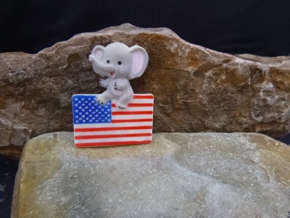 1980 Enesco Republican Elephant Hard Plastic Pin | Happy Elephant with Flag | Patriotic Red White and Blue Party Affiliation Vintage Pin