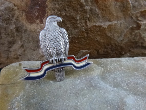 American Eagle on Red White and Blue Ribbon | JJ Jonette  Vintage Pewter Patriotic Pin