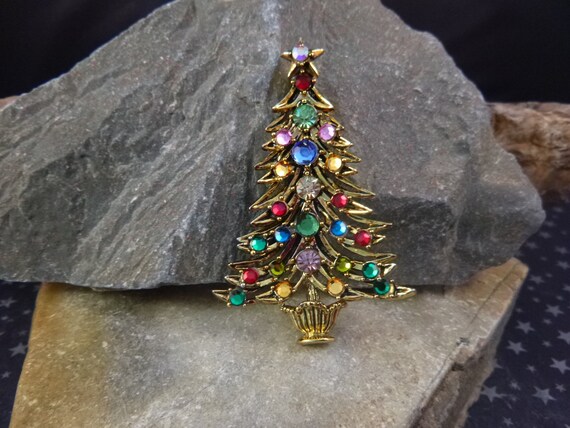 Hollycraft Vintage Two-Layers Christmas Tree Brooch | Bright Pastel Rhinestone Ornaments | Brooch Book Piece