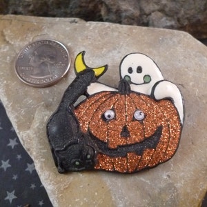 Vintage Halloween Black Cat and Ghost with Glittery Pumpkin Pin image 4