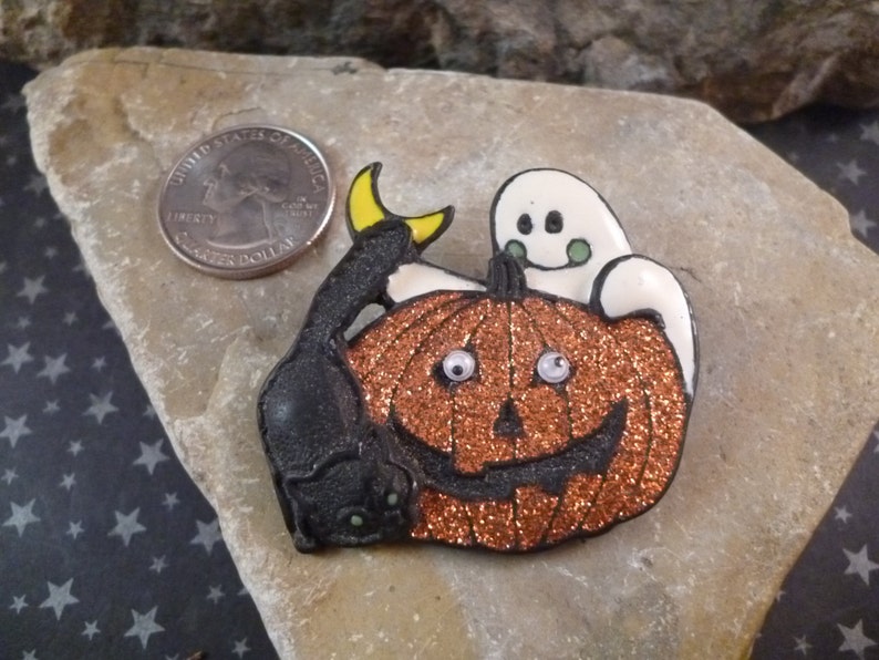 Vintage Halloween Black Cat and Ghost with Glittery Pumpkin Pin image 4