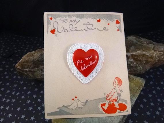Be My Valentine Red Vintage Valentine Pin | Thermoset Plastic | 1950s | Original Card