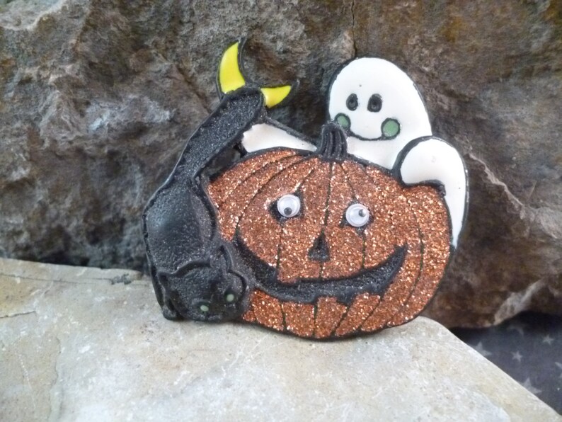 Vintage Halloween Black Cat and Ghost with Glittery Pumpkin Pin image 5