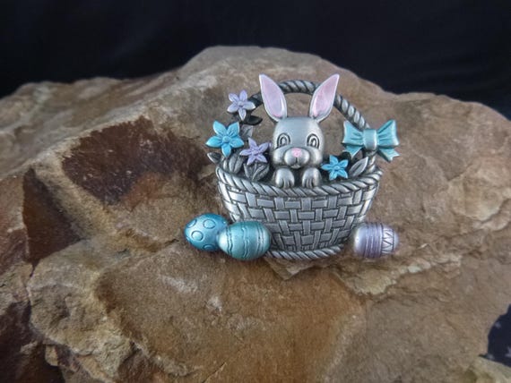 Cute Easter Bunny in Basket with Easter Eggs Vintage Brooch | Pewter and Enamel | Signed JJ (Jonette)