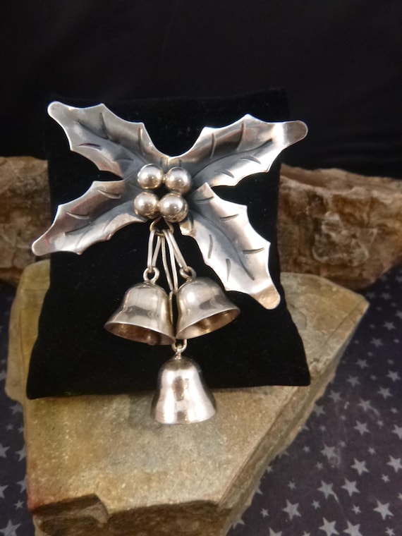 Mexico Sterling Silver Christmas Bells Brooch | Mid-Century Taxco 925 Holly Leaves with Berries Bell Pin | TJ-86 Mexico Taxco