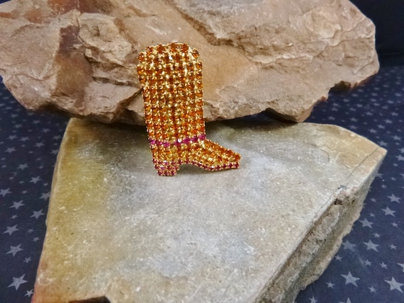 Vintage Signed Dorothy Bauer Rhinestone Cowgirl or Cowboy Sparkling Gold and Pink Boot Pin  | Western Themed Brooch