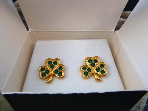 Vintage Avon Shamrock Earrings | Gold-Tone Rhinestone St. Patrick's Day Jewelry | Original Box