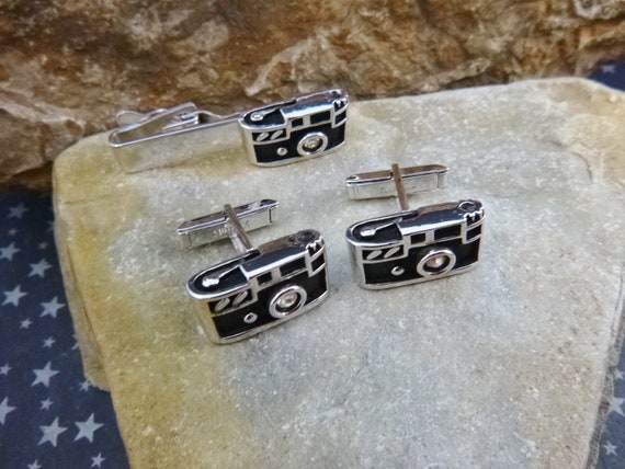 Swank Mid Century Vintage Camera Cuff Links and Tie Clip | Before Our Phones Were Our Cameras | Photo Enthusiast Cufflinks