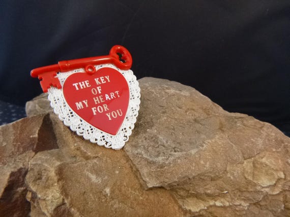 The Key of My Heart for You Mid Century Brooch | Red Heart Vintage Valentine Pin | Thermoset Plastic Heart and Key | Book Piece