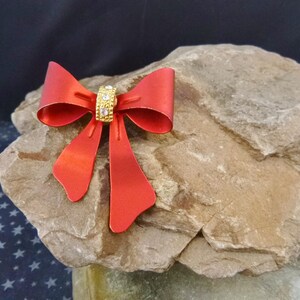 Festive Holiday Vintage Red Ribbon Bow with Rhinestones Brooch | Timeless Holiday Pin