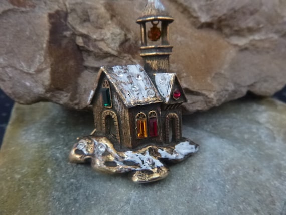 Little Church Snowy Christmas Scene Vintage Brooch Dangling Rhinestone in Bell Tower and Rhinestone Glass Windows Unsigned Beauty Book Piece