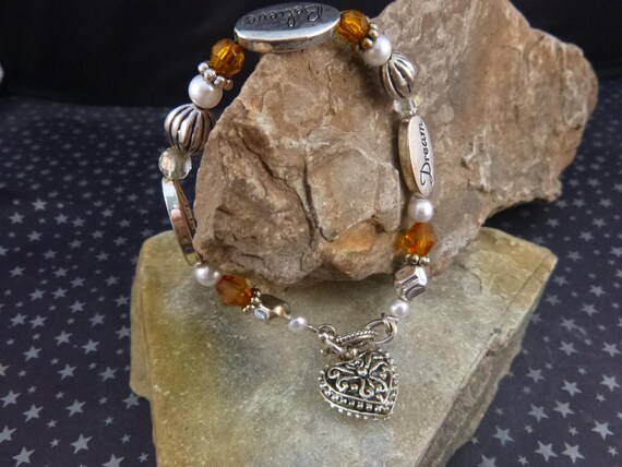 Dream. Believe. Achieve. Vintage Inspirational Motivational 7.25” Bracelet with Dangling Heart | Message Bracelet