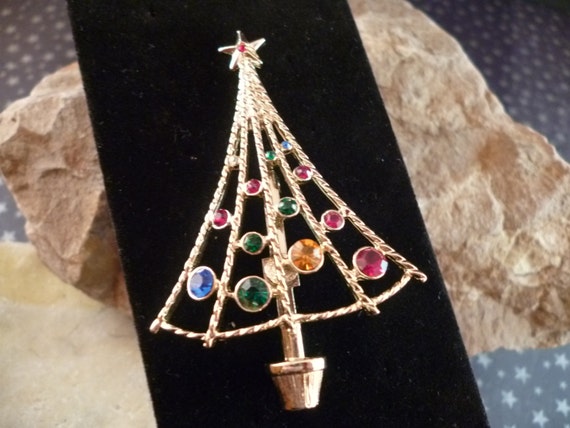 Vintage B.J. (Beatrix) Modern Open Style Christmas Tree Pin with Rhinestones Book Piece circa l975-l983