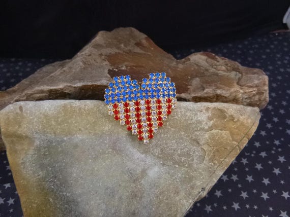 Patriotic Heart Pin | Vintage Red White & Blue Rhinestone Brooch | July 4th Pin | Republican Democratic or Independent USA Lover