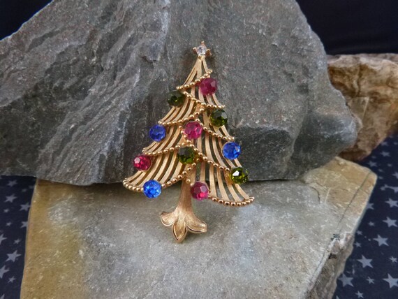 Crown Trifari Vintage Christmas Tree Brooch | Hot Pink Green and Blue Faceted Crystal Ball Ornaments | Book Piece