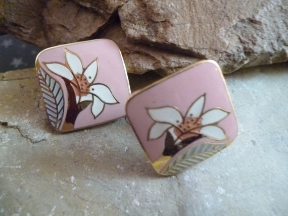 Artist Creator Laurel Burch Vintage Wild Lily Clip On Pink Enamel Earrings