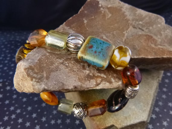 Unique Glass and Ceramic Stretchy Vintage Bracelet | Large Amber Colored Beads with Metal and Clear Highlights