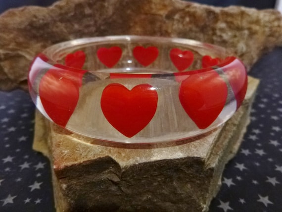 Clear Lucite Embedded Vintage Heart Bangle | Red Heart Bracelet Love Valentine Day Design