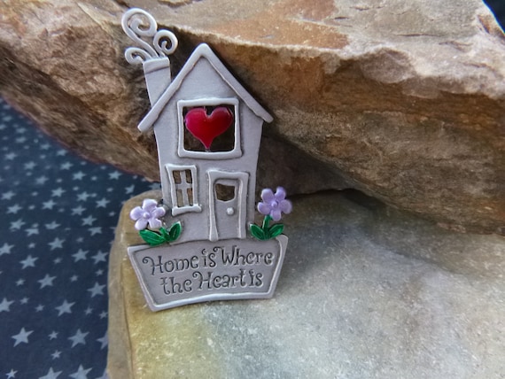 Home is Where the Heart Is Vintage Pewter and Enamel Brooch Signed JJ (Jonette)