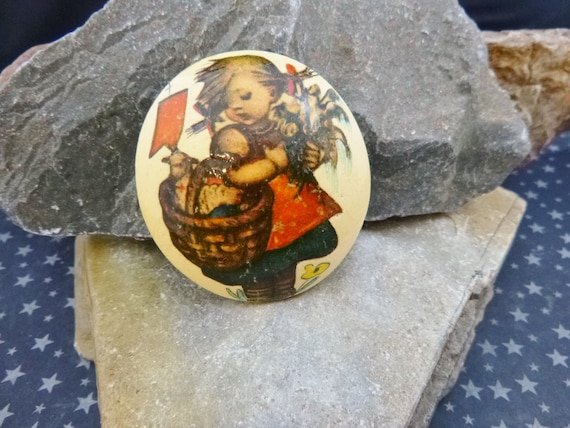 Hummel Figure on Vintage Oval Wood Brooch | Little Girl with Flowers Large Pin