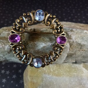 Victorian Revival Style Open Pattern Circle Brooch with Hearts and Blue and Purple Glass  Stones