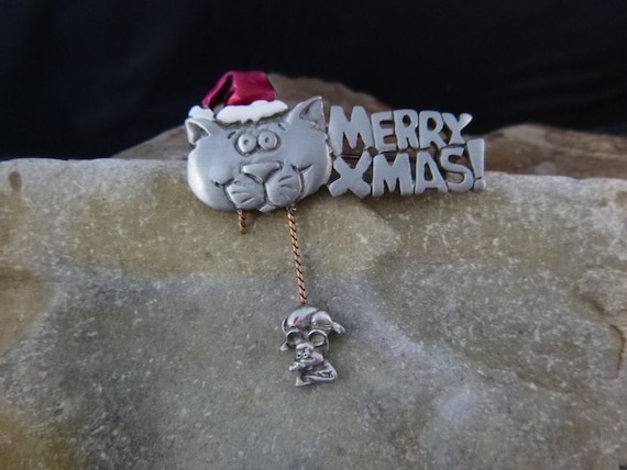 Whimsical Cat and Mouse Merry Xmas Vintage Signed JJ (Jonette) Pewter Pin | Merry Christmas Fun Dangling Mouse Pin