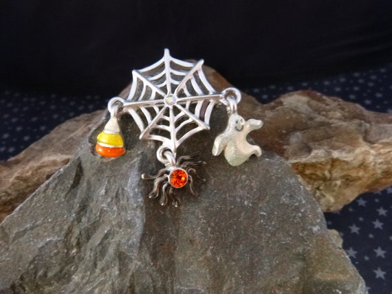 Whimsical Vintage Halloween Pin | Spider Web with Dangling Spider, Ghost and Candy Charms Pewter Pin