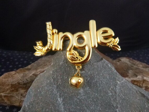 Jingle All the Way Whimsical Jingle Bell Dangling from Vintage Christmas Pin | Holiday Candy Cane and Holly Jingle Bell Pin