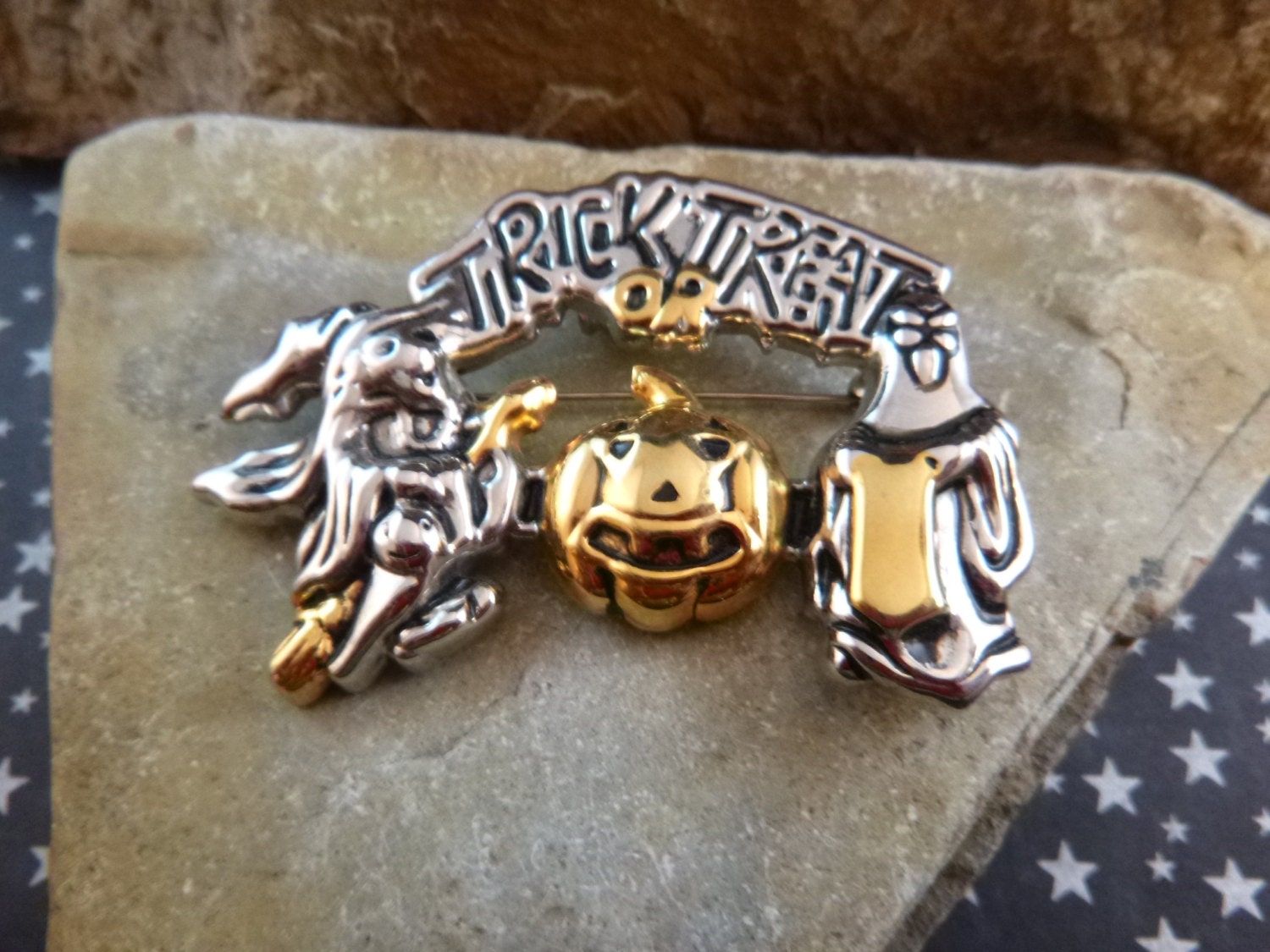 Large Vintage Halloween Trick or Treat Spooky Pin or Pendant Witch Jack ...